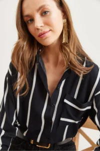 Olalook Women's Thick Striped Black Single Pocket Woven Viscose Shirt - Image 6