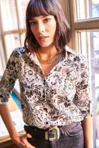 Olalook Women Ecru Black Patterned Shirt