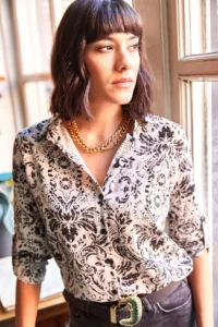 Olalook Women Ecru Black Patterned Shirt - Image 3