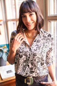 Olalook Women Ecru Black Patterned Shirt - Image 4