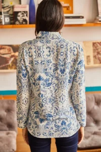 Olalook Women Ecru Blue Patterned Viscose Shirt - Image 2