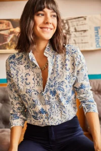 Olalook Women Ecru Blue Patterned Viscose Shirt - Image 3