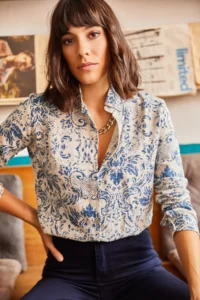 Olalook Women Ecru Blue Patterned Viscose Shirt - Image 4
