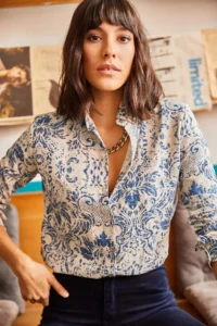 Olalook Women Ecru Blue Patterned Viscose Shirt - Image 5