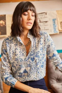 Olalook Women Ecru Blue Patterned Viscose Shirt - Image 6
