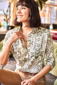 Olalook Women Ecru Khaki Patterned Shirt
