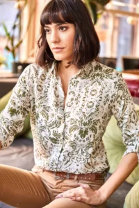 Olalook Women Ecru Khaki Patterned Shirt - Image 3