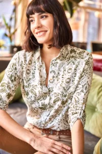 Olalook Women Ecru Khaki Patterned Shirt - Image 4