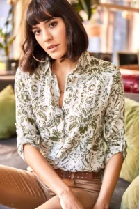 Olalook Women Ecru Khaki Patterned Shirt - Image 5