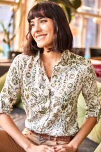 Olalook Women Ecru Khaki Patterned Shirt - Image 6