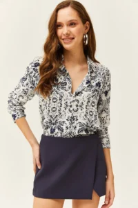 Olalook Women Ecru Navy Blue Patterned Shirt - Image 3
