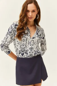 Olalook Women Ecru Navy Blue Patterned Shirt - Image 5