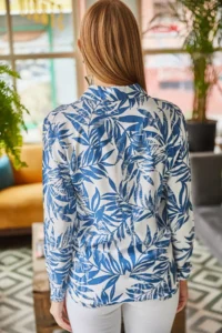 Olalook Women's Navy Blue Palm Patterned Woven Viscose Cuffed Shirt - Image 2