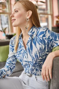 Olalook Women's Navy Blue Palm Patterned Woven Viscose Cuffed Shirt - Image 3