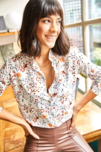 Olalook Women's White Orange Tiny Colorful Floral Woven Viscose Shirt