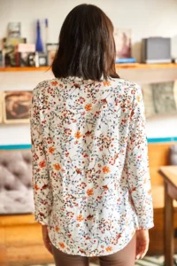 Olalook Women's White Orange Tiny Colorful Floral Woven Viscose Shirt - Image 2