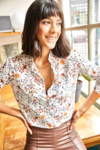 Olalook Women's White Orange Tiny Colorful Floral Woven Viscose Shirt - Image 3