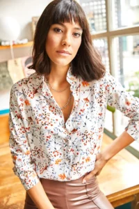 Olalook Women's White Orange Tiny Colorful Floral Woven Viscose Shirt - Image 4
