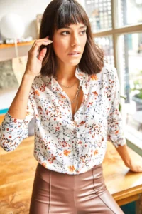 Olalook Women's White Orange Tiny Colorful Floral Woven Viscose Shirt - Image 5