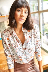 Olalook Women's White Orange Tiny Colorful Floral Woven Viscose Shirt - Image 6