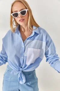Olalook Baby Blue Pocket Detailed Oversize Woven Shirt - Image 5