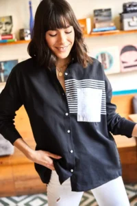 Olalook Women's Black Pocket Detailed Oversize Woven Shirt - Image 3