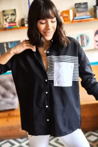 Olalook Women's Black Pocket Detailed Oversize Woven Shirt - Image 4