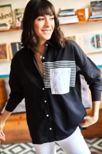 Olalook Women's Black Pocket Detailed Oversize Woven Shirt - Image 5