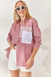 Olalook Dusty Rose Pocket Detailed Oversize Woven Shirt