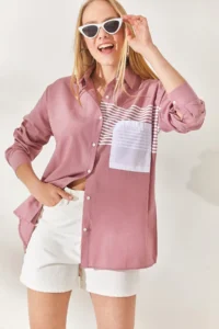 Olalook Dusty Rose Pocket Detailed Oversize Woven Shirt - Image 3