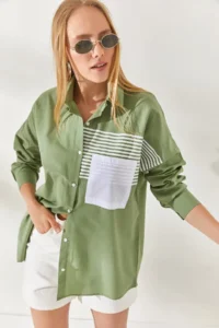 Olalook Mold Green Pocket Detailed Oversize Woven Shirt