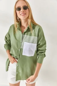 Olalook Mold Green Pocket Detailed Oversize Woven Shirt - Image 3