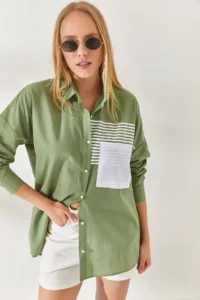 Olalook Mold Green Pocket Detailed Oversize Woven Shirt - Image 5