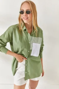 Olalook Mold Green Pocket Detailed Oversize Woven Shirt - Image 6