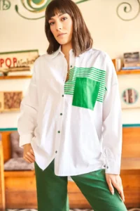 Olalook Women's White Green Pocket Detailed Oversize Woven Shirt - Image 3