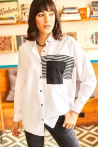 Olalook Women's White Pocket Detailed Oversize Woven Shirt - Image 2