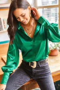 Olalook Women's Emerald Green Cuff Detailed Woven Satin Shirt