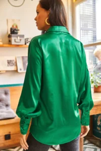 Olalook Women's Emerald Green Cuff Detailed Woven Satin Shirt - Image 2