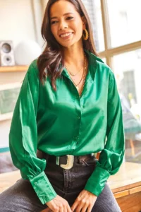 Olalook Women's Emerald Green Cuff Detailed Woven Satin Shirt - Image 3