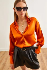 Olalook Women's Orange Cuff Detailed Woven Satin Shirt
