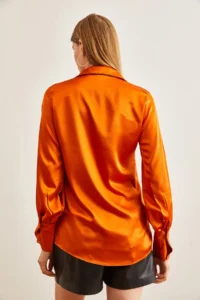 Olalook Women's Orange Cuff Detailed Woven Satin Shirt - Image 2