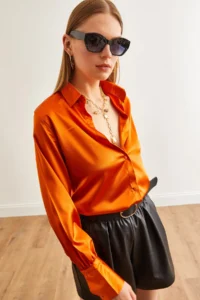 Olalook Women's Orange Cuff Detailed Woven Satin Shirt - Image 3