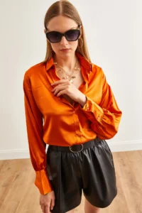 Olalook Women's Orange Cuff Detailed Woven Satin Shirt - Image 4