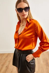 Olalook Women's Orange Cuff Detailed Woven Satin Shirt - Image 5