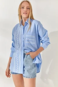 Olalook Baby Blue Pocket Detailed Printed Woven Shirt
