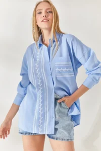 Olalook Baby Blue Pocket Detailed Printed Woven Shirt - Image 2