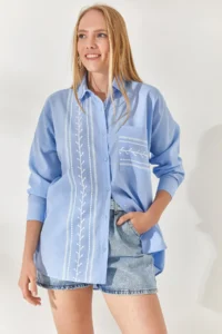 Olalook Baby Blue Pocket Detailed Printed Woven Shirt - Image 3
