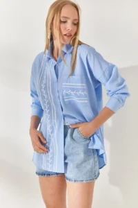 Olalook Baby Blue Pocket Detailed Printed Woven Shirt - Image 4