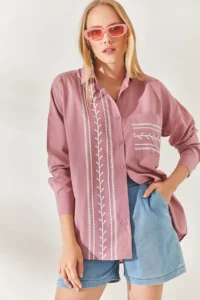 Olalook Dusty Rose Pocket Detailed Printed Woven Shirt