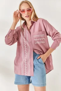 Olalook Dusty Rose Pocket Detailed Printed Woven Shirt - Image 2